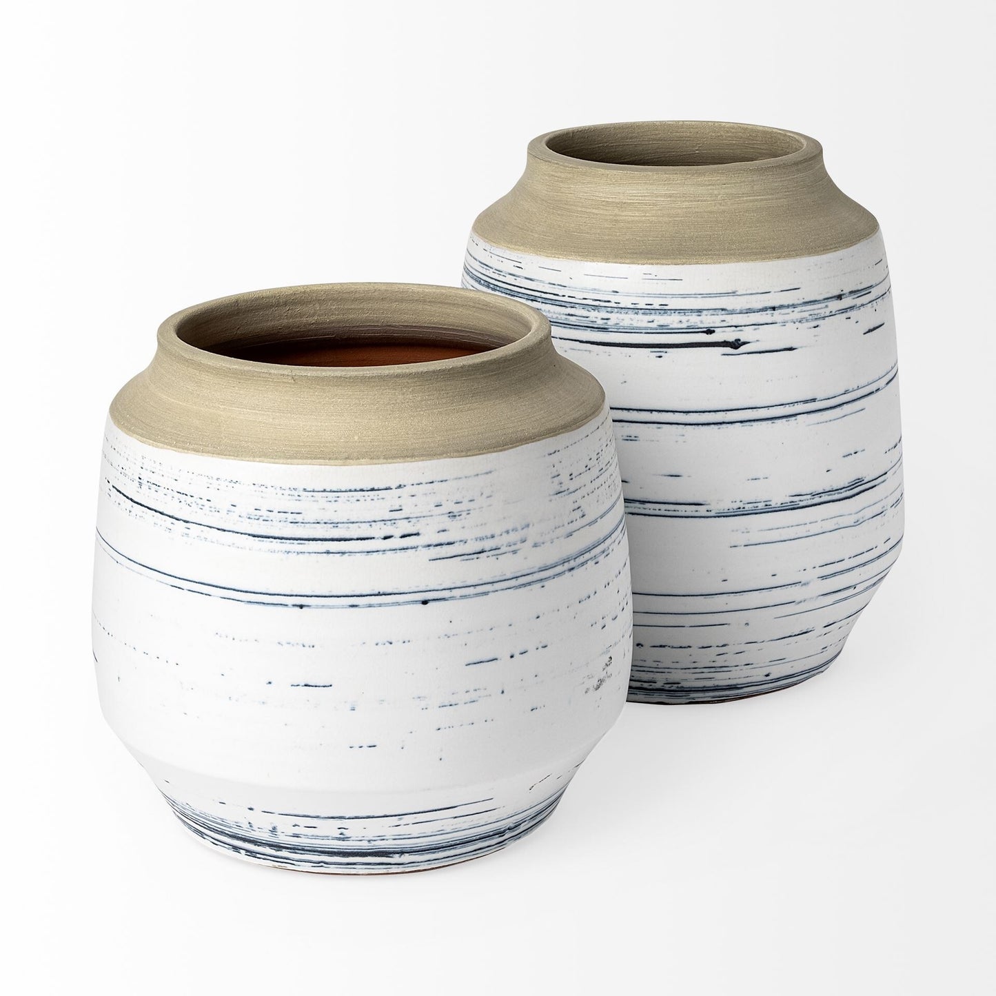 Detail of blue white and sand ceramic vase showing multi-tone glaze with organic variation and minimal neutral design