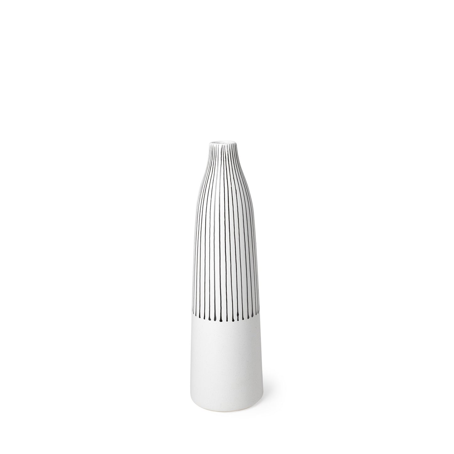 Close-up of black and white vertical pinstripe pattern on elegant ceramic vase, showing smooth glazed finish