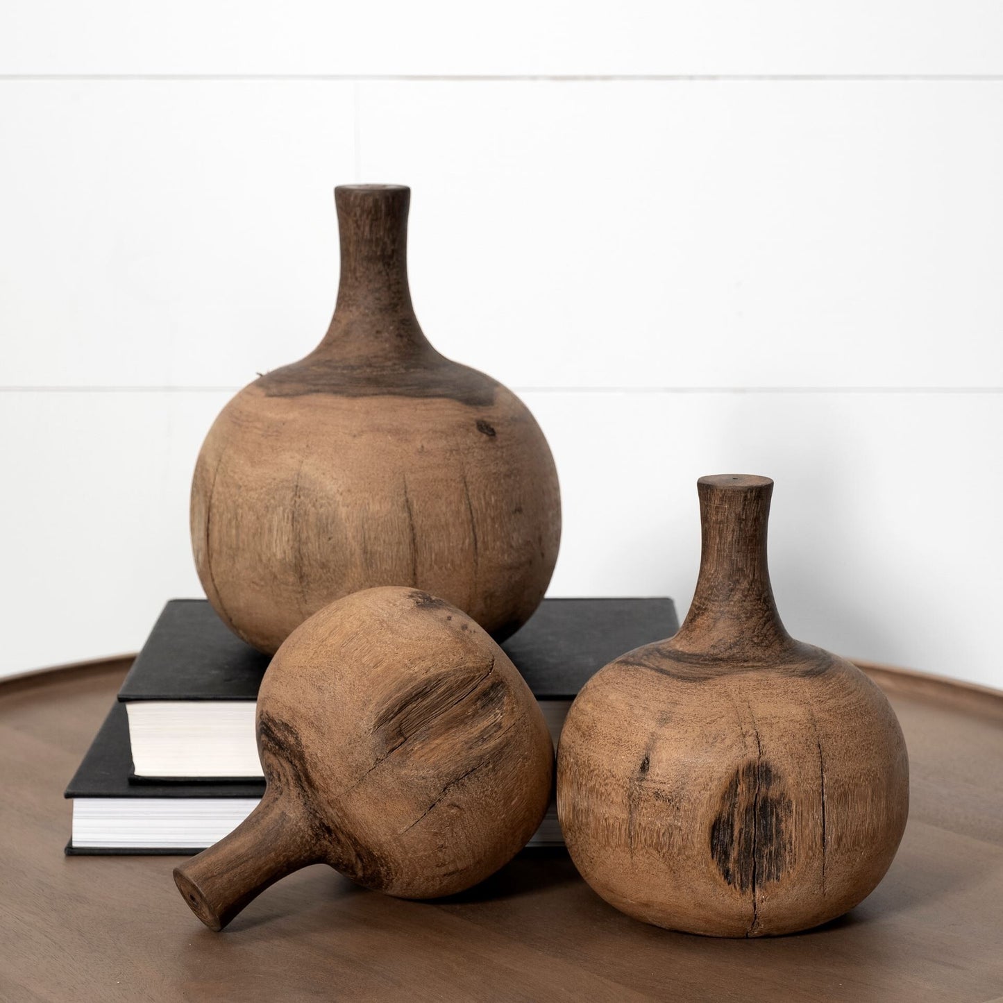 8 inch vase shaped wooden decor piece full product view, natural solid wood sculpture for organic rustic home decoration