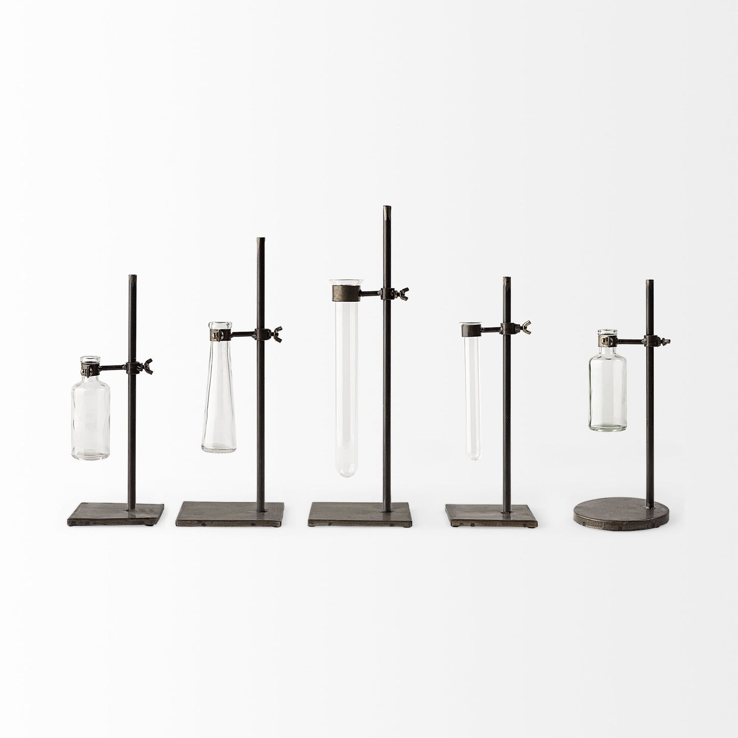 Glass test tube vases detail shot highlighting metal bases and minimalist design