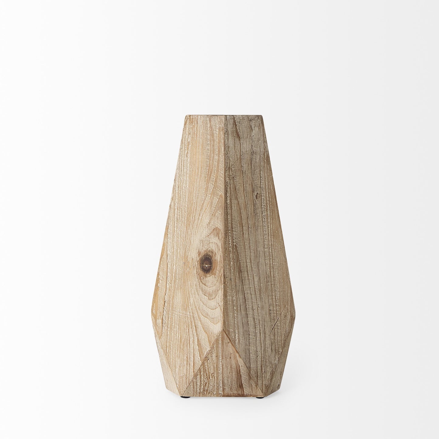 Side view of geometric shaped wooden vase 15 inches tall, Scandinavian modern design