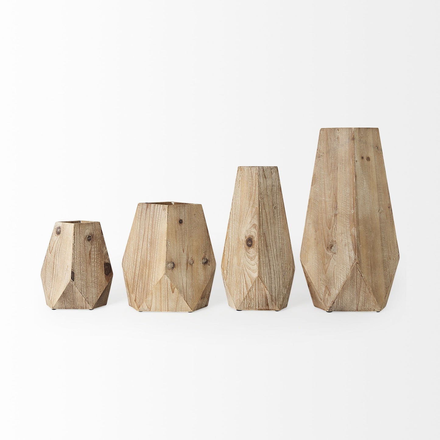 Natural wood vase with geometric design on display, perfect for farmhouse and contemporary interiors