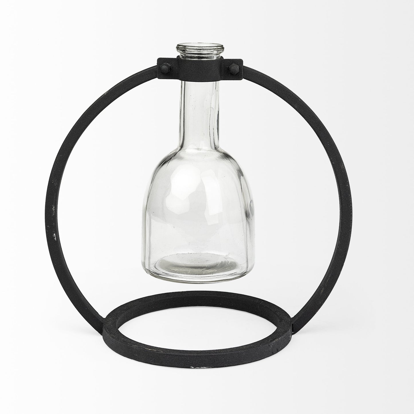 Modern cylinder glass vase with black metal framework, 8 inch contemporary table centerpiece
