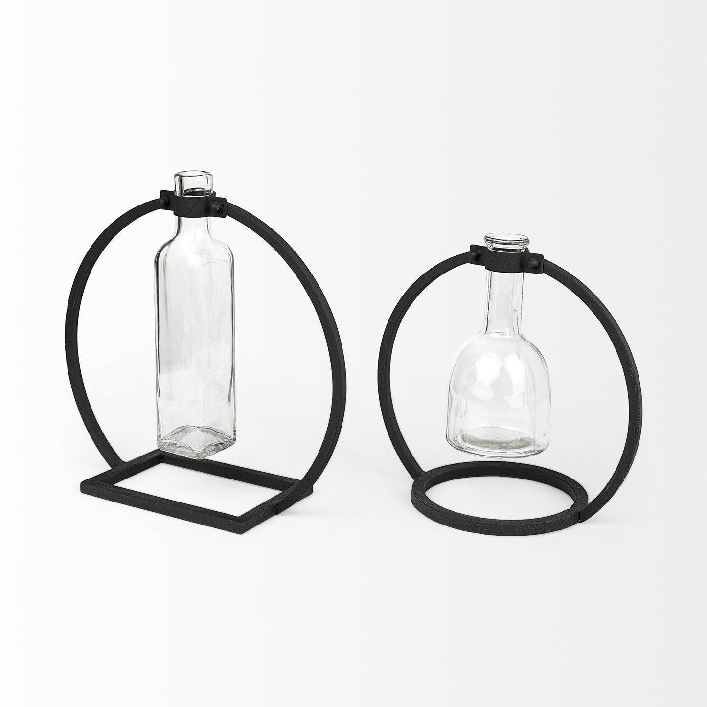8 inch contemporary glass vase with black metal abstract design, perfect for modern interior styling