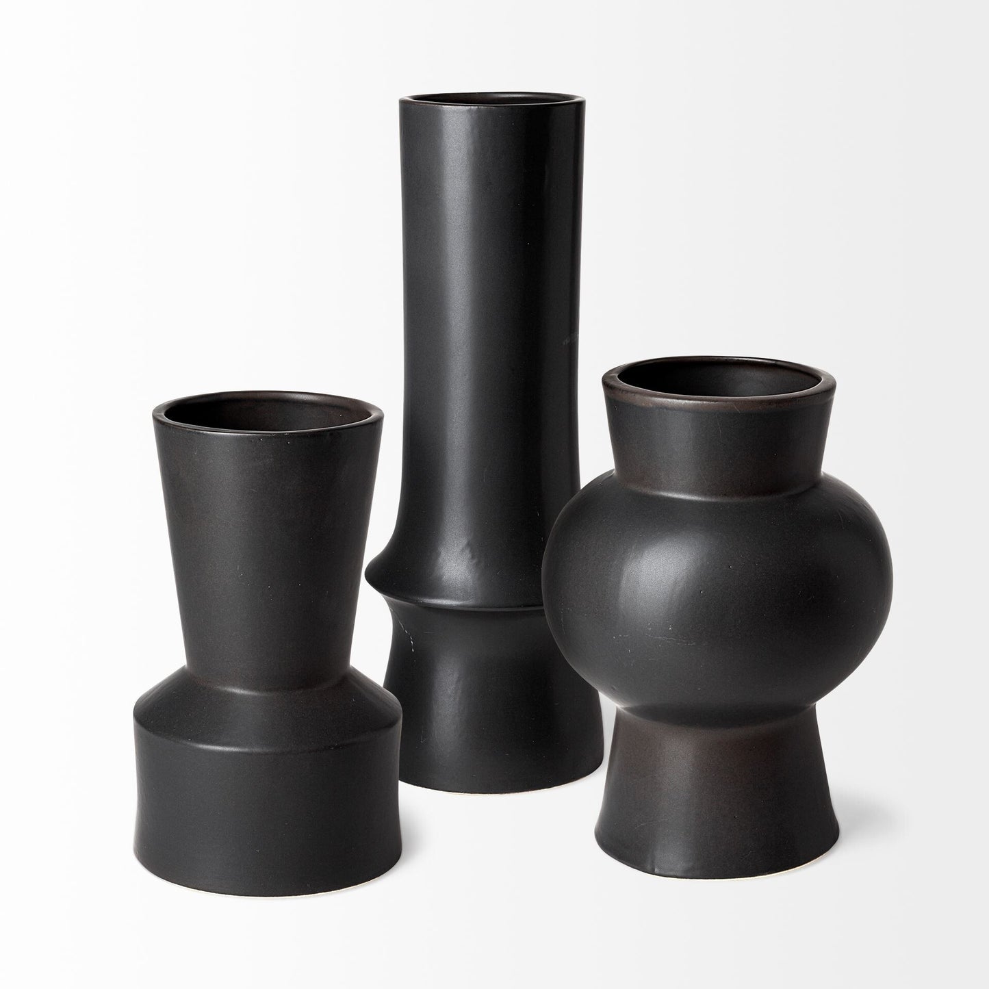 Modern black ceramic vase 17 inch tall side view displaying contemporary Art Deco aesthetic