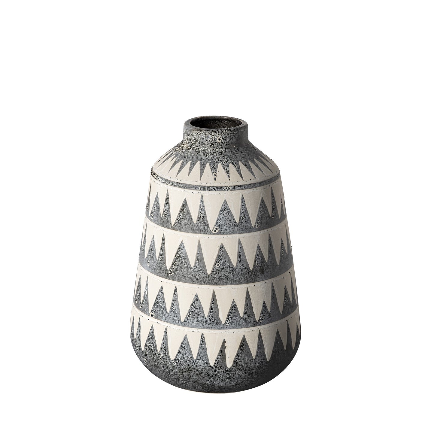 Gray ivory ceramic vase showing unique jagged triangle pattern and neutral beige glazing