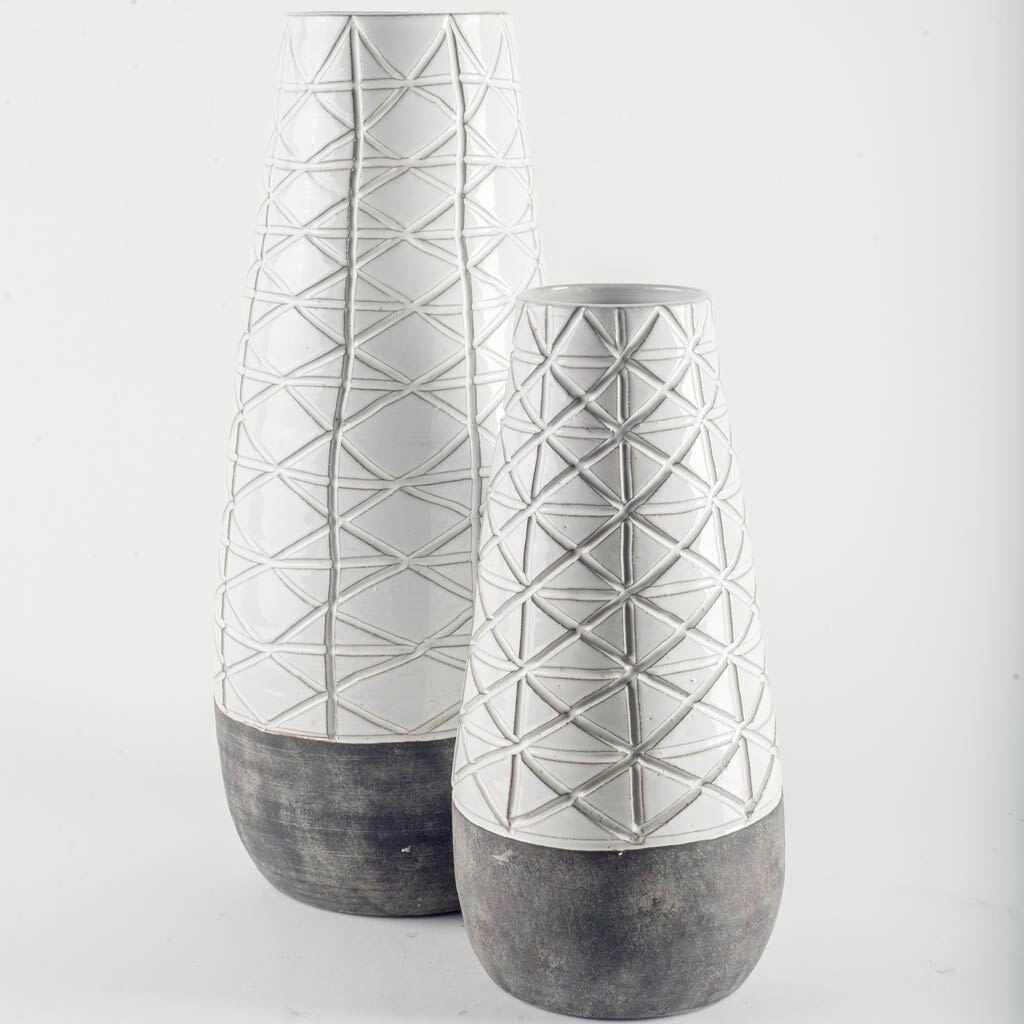 21 Inch Textured White and Dark Clay Vase - Full Product View of Statement Piece for Living Room and Entryway Decor
