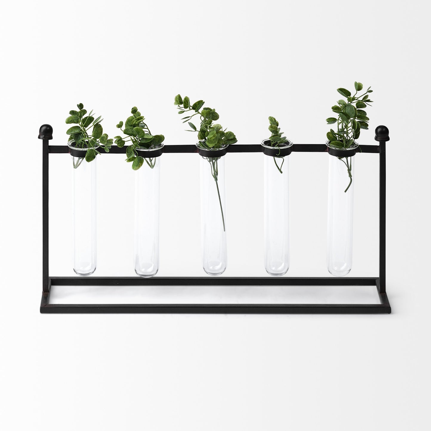 Side view of test tube vase showing architectural metal frame design, unique scientific decor for industrial interiors