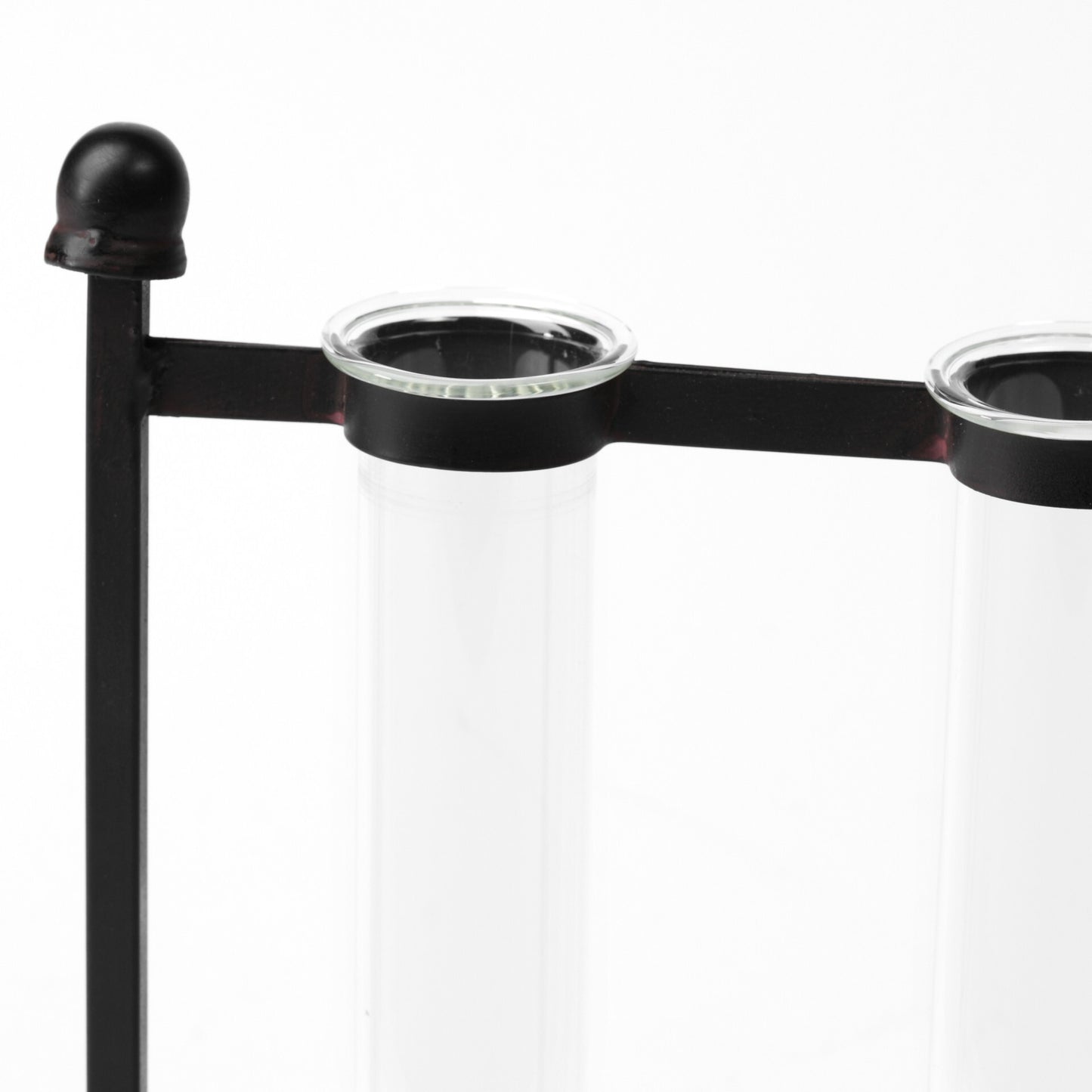 Black metal test tube vase with rectangular base and vertical rods, contemporary scientific home accent piece