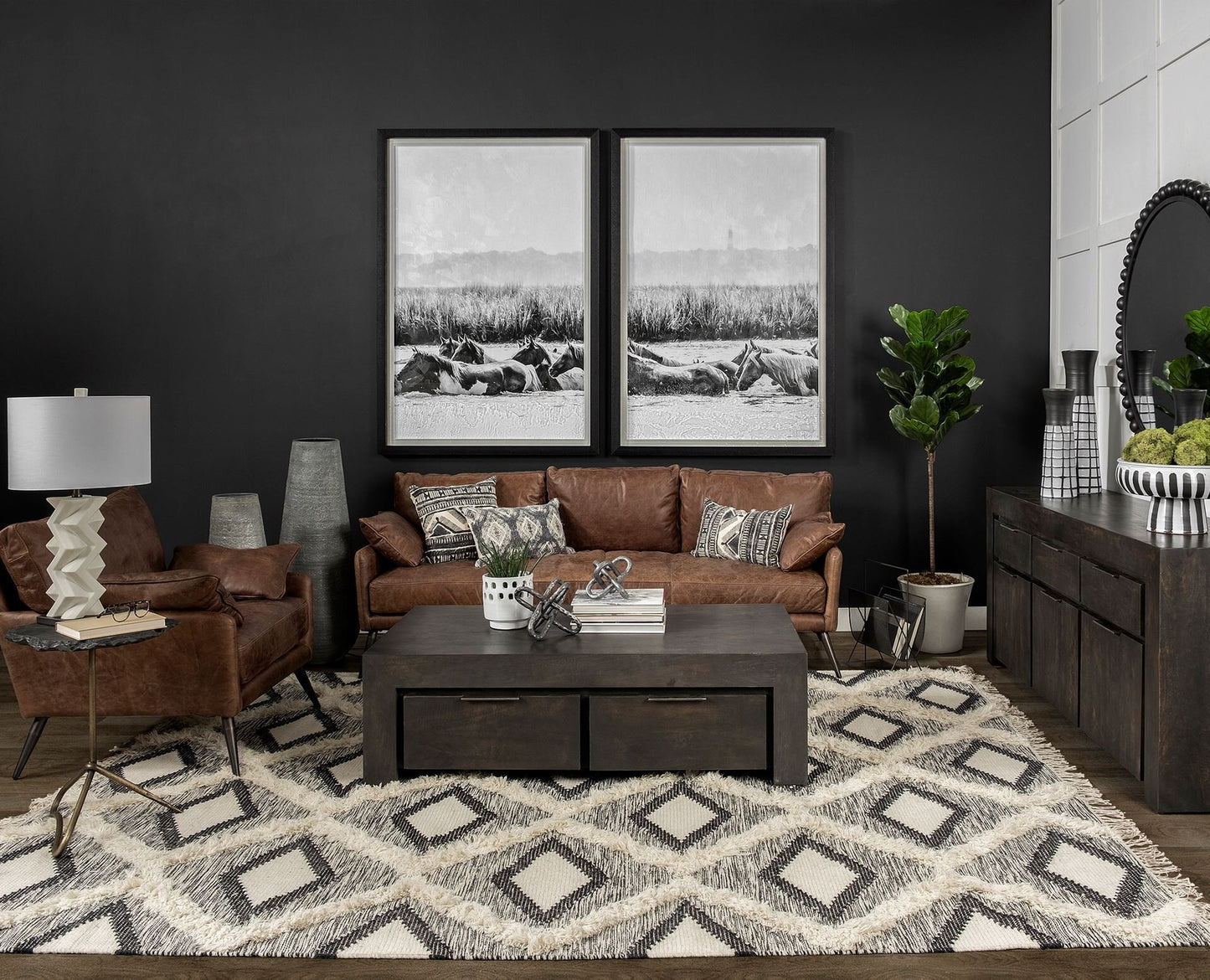 Contemporary Ceramic Vase - Lifestyle Setting Showing How 17 Inch Black White Grid Vase Enhances Modern Interior Design