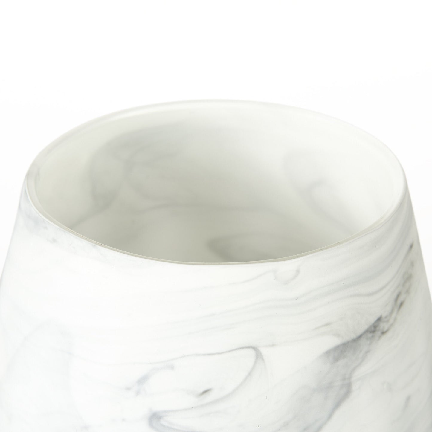 Three-quarter angle of gray cream marble glass vase highlighting the depth and dimension of the abstract pattern in premium crystal glass
