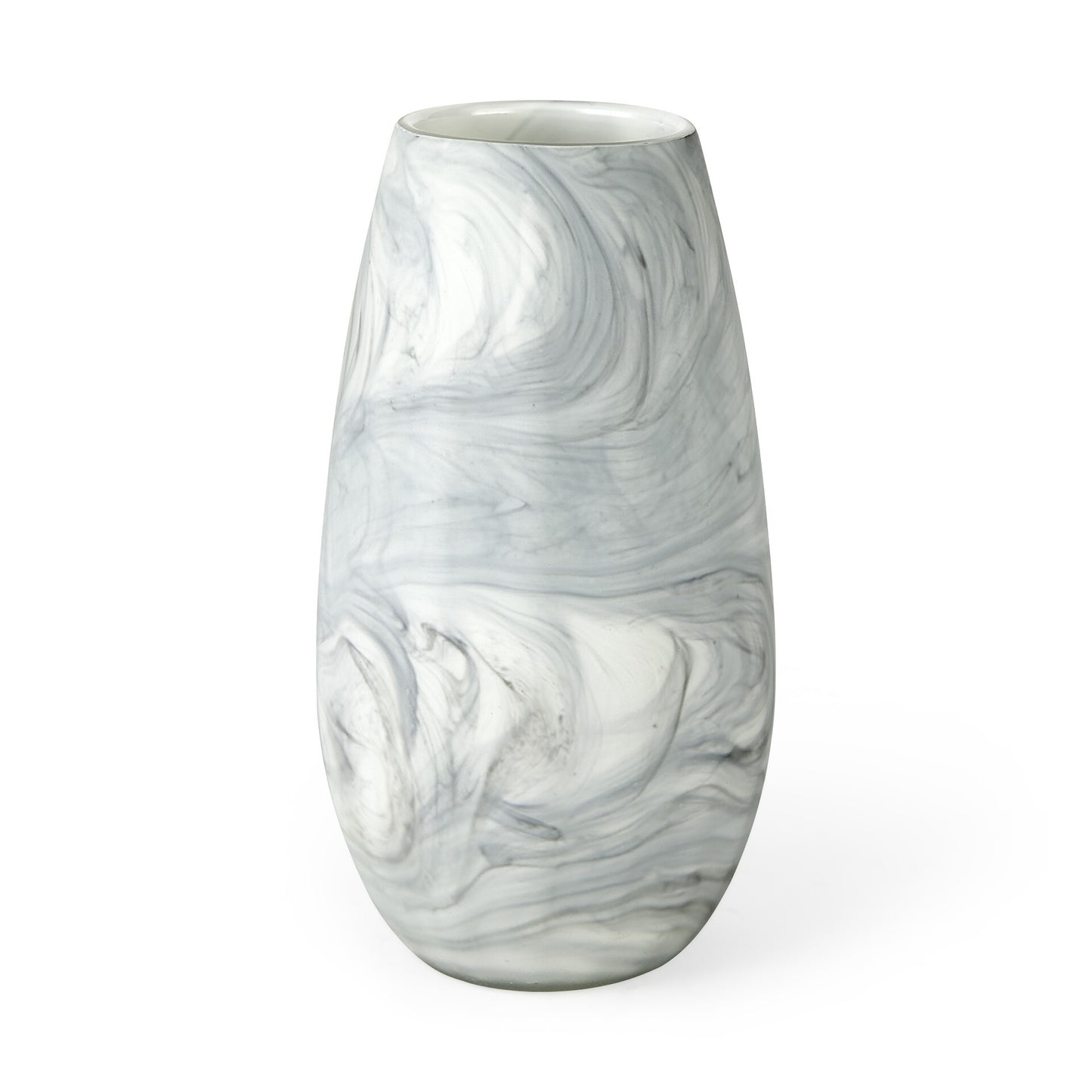 Gray white marble glass vase 12 inch close-up showing luxurious marbled pattern and premium glass quality