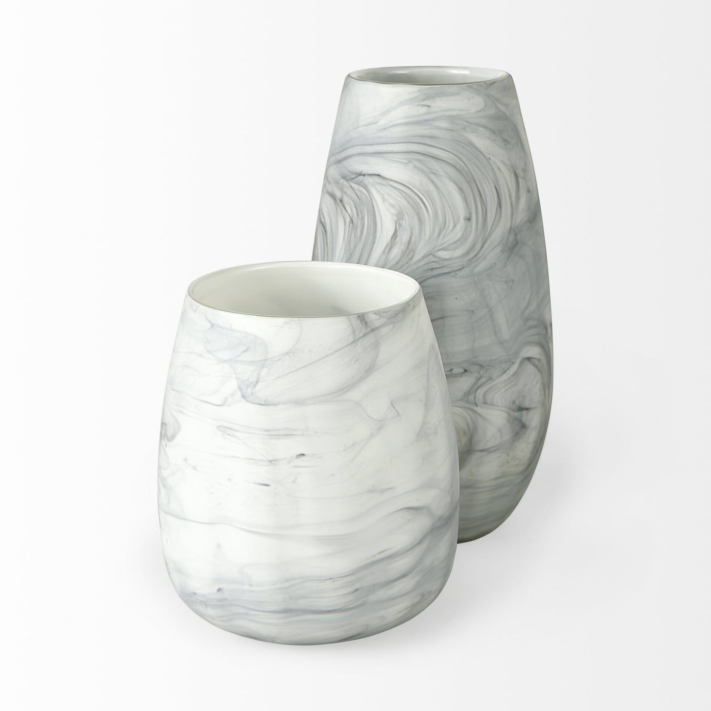 12 inch glass vase marble pattern detail shot highlighting elegant gray and white stone-like design