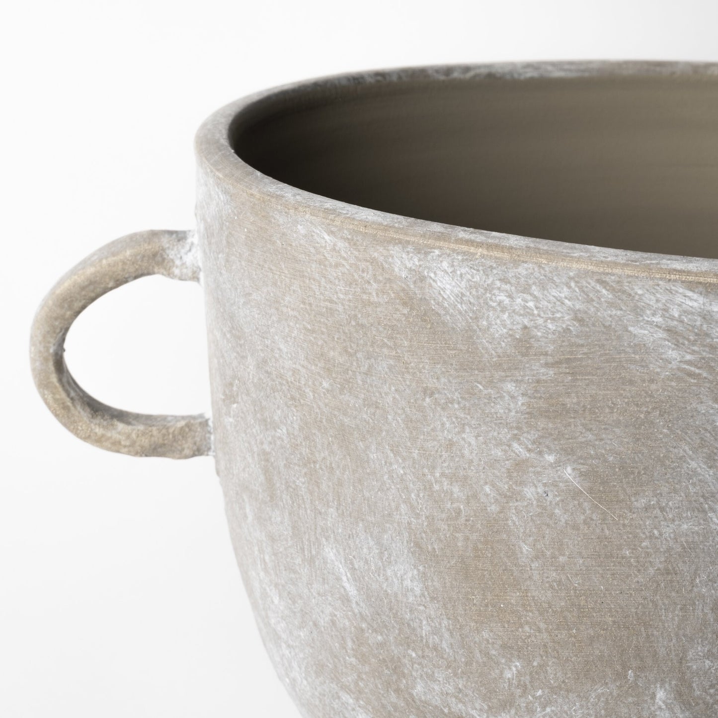 10 inch organic finish vase whitewash brown detail shot highlighting natural weathered appearance