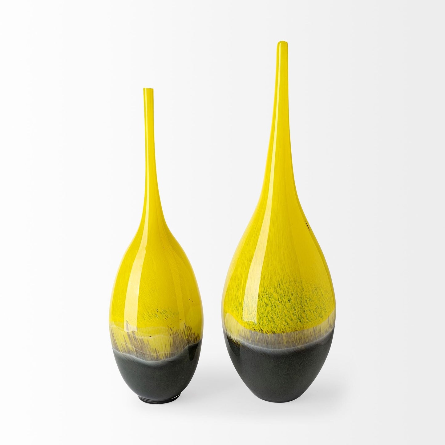 Large handblown art glass vase yellow gray swirl side view displaying impressive 21 inch height
