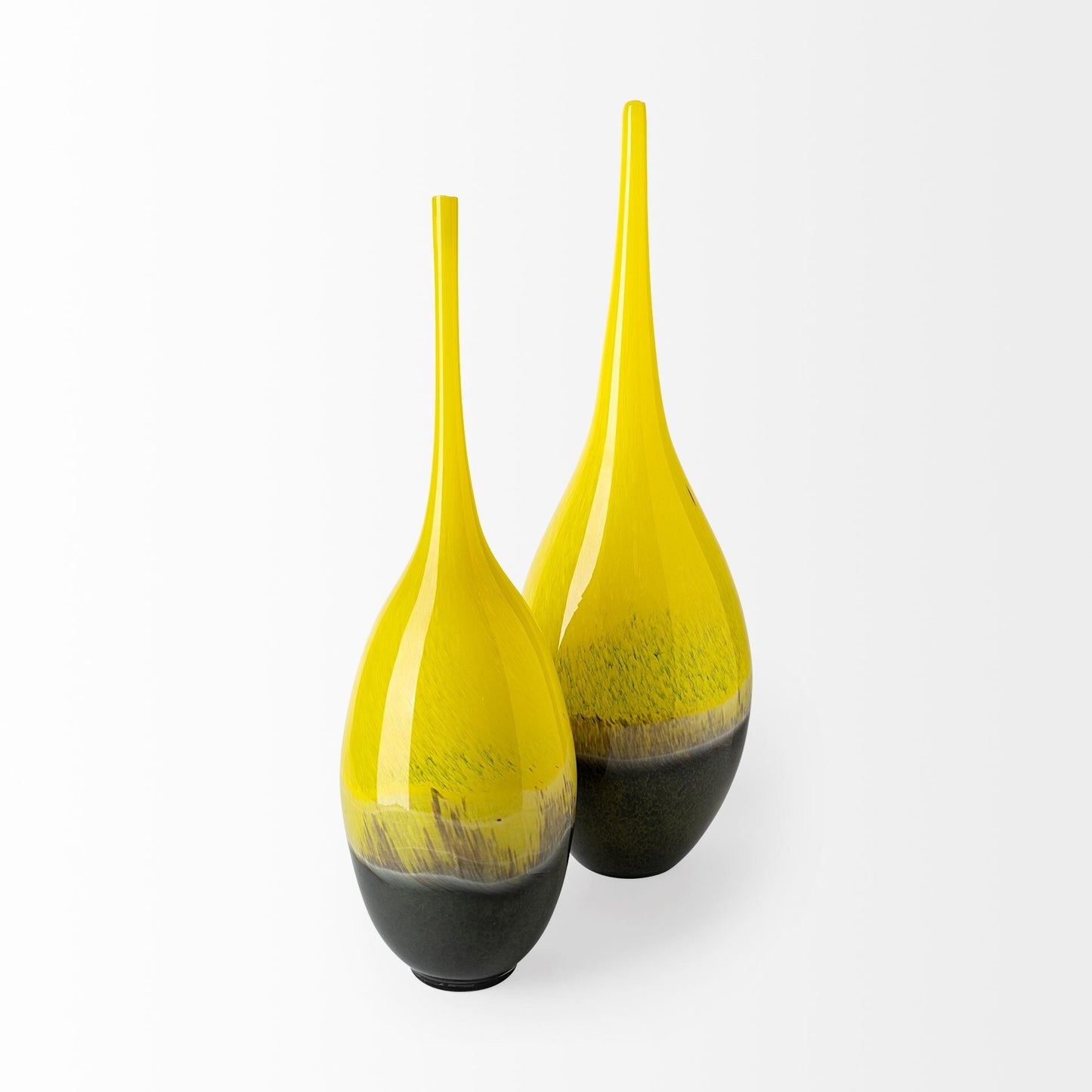 21 inch spun glass vase yellow and gray detail shot highlighting mesmerizing color flow and glass quality