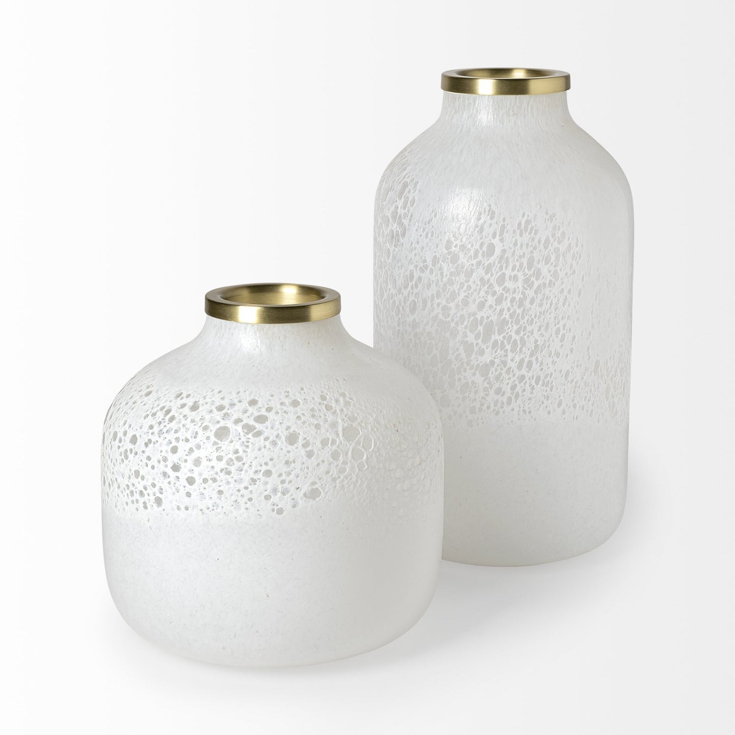 Close-up detail of abstract bubble design on pearl white glass vase showing depth and dimension created by pearlized and clear glass patterns