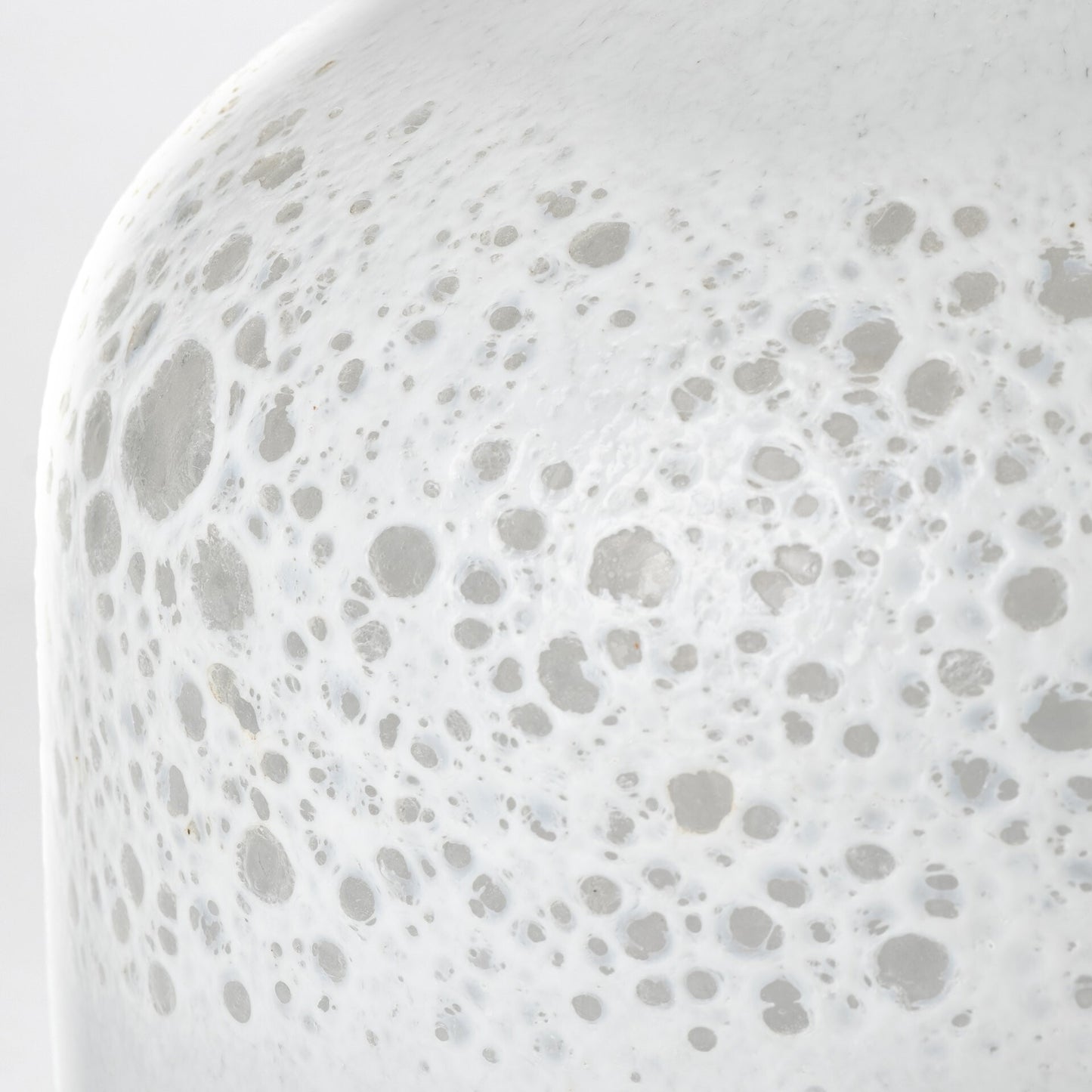 Full profile of modern pearl white and gold glass vase displaying complete bottle design with abstract bubble pattern, premium crystal glass construction