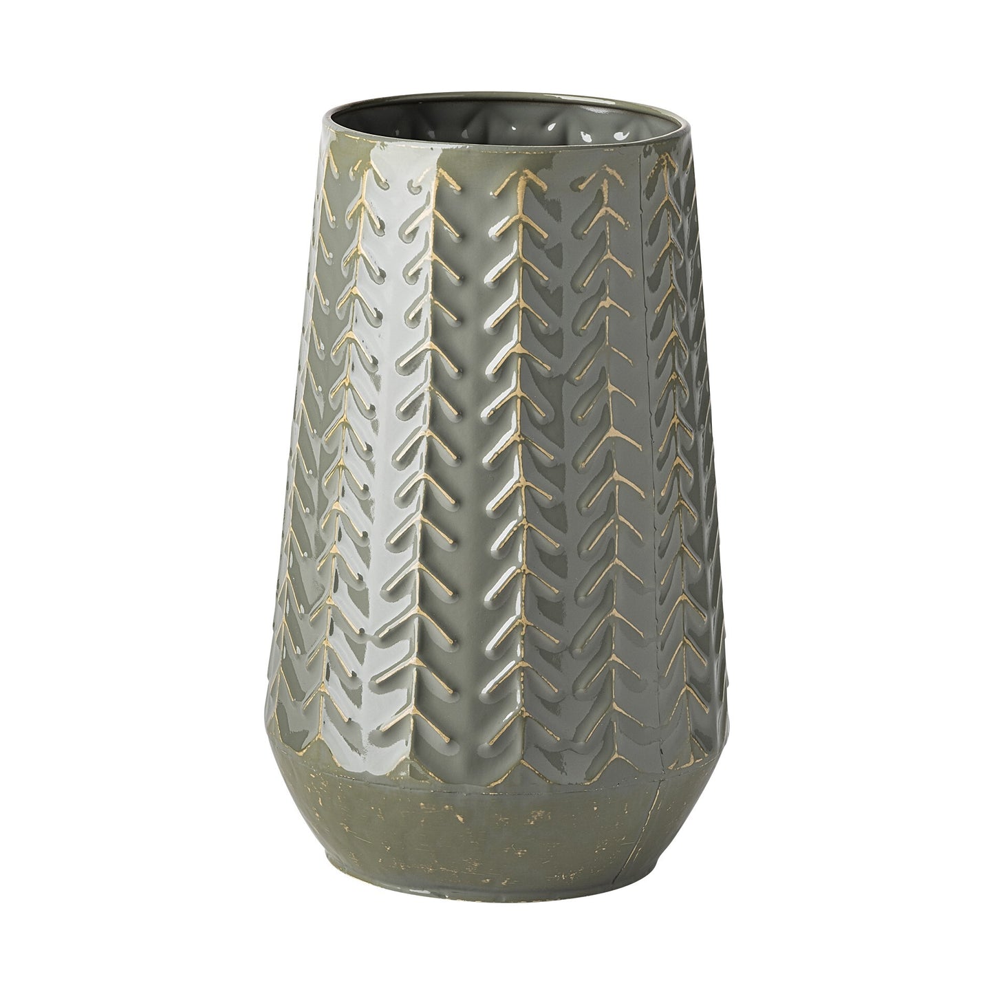Green metal vase showing embossed chevron arrow pattern with natural beige showing through textured design