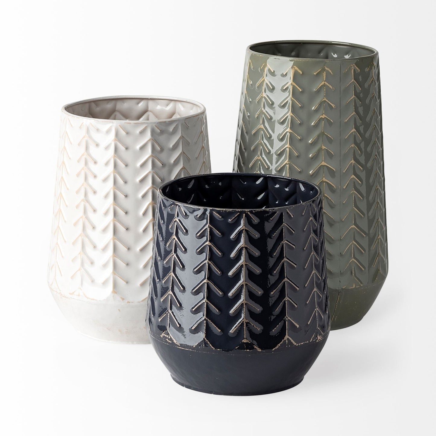 Modern navy vase embossed chevron side view displaying contemporary geometric design