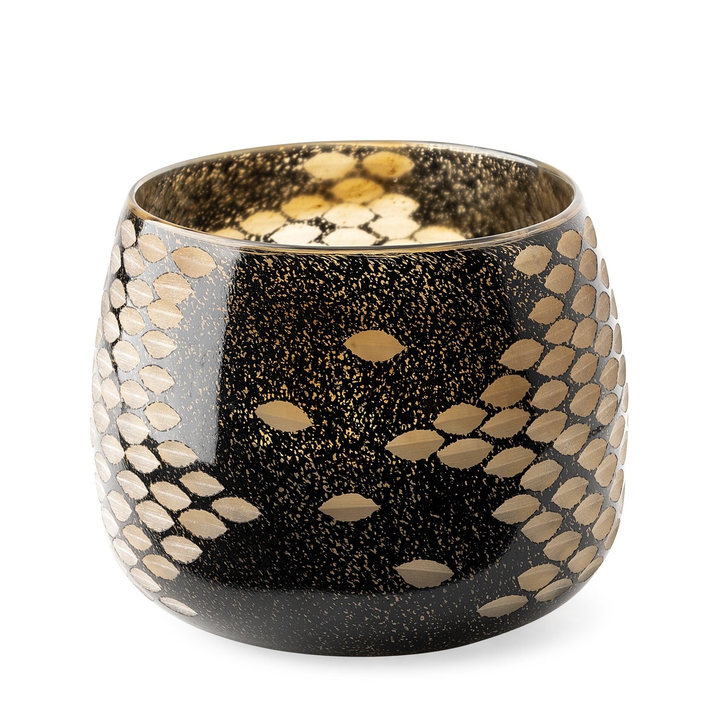 Side view of black and gold speckled glass vase showing wide bowl shape and unique textured pattern