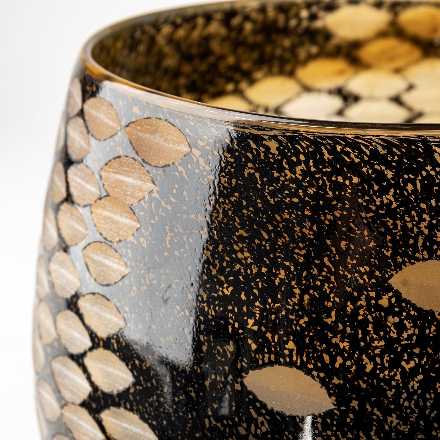 Unique crystal glass vase featuring bold black and gold colors with snakeskin textured pattern