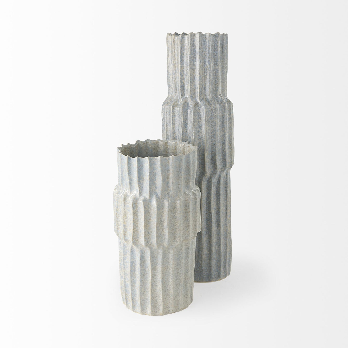 Detail of organic carved stripe pattern on jumbo gray ceramic vase showing dimensional texture for modern interior styling