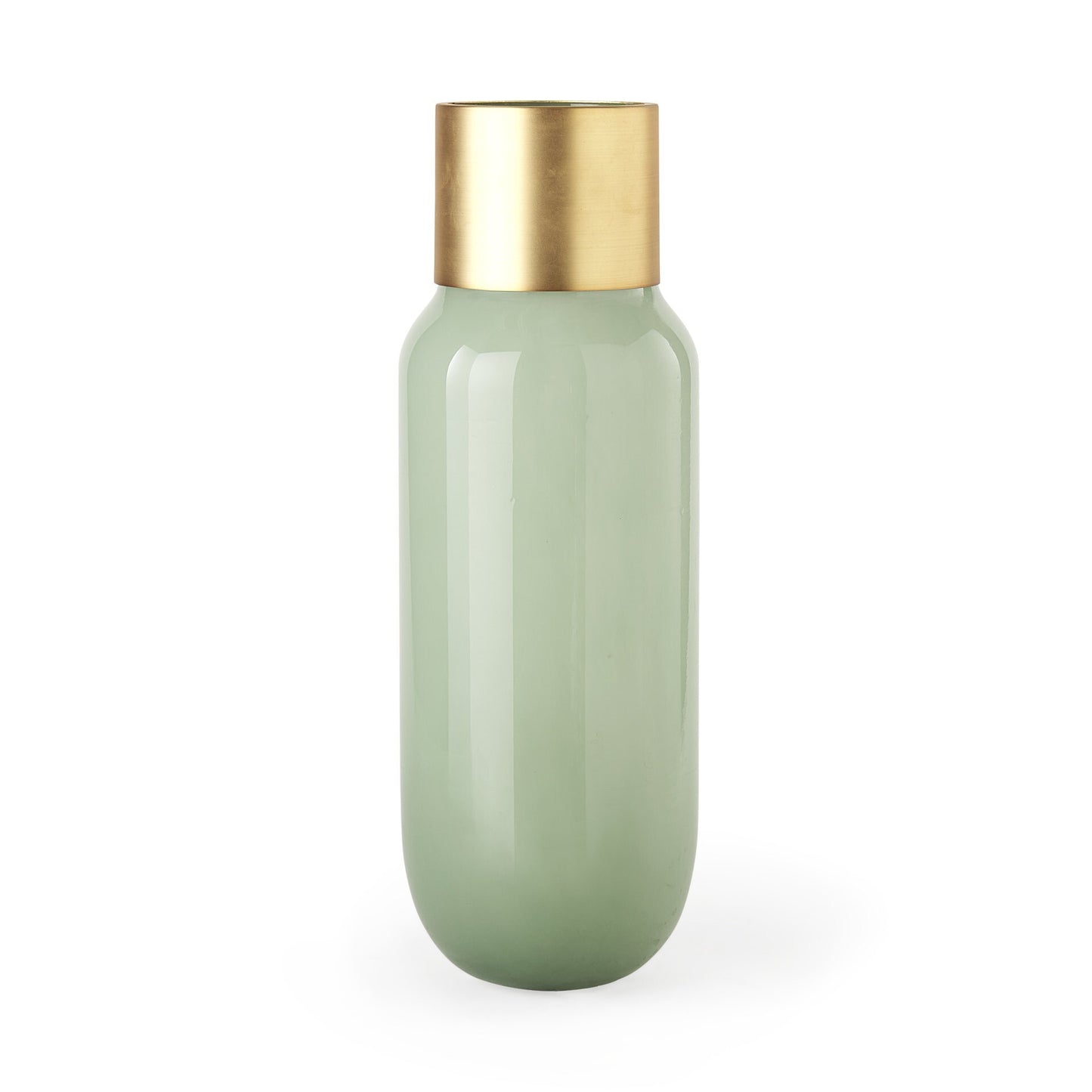 Close-up of smokey green crystal glass vase showing luxurious gold metal rim accent and sophisticated sage green color