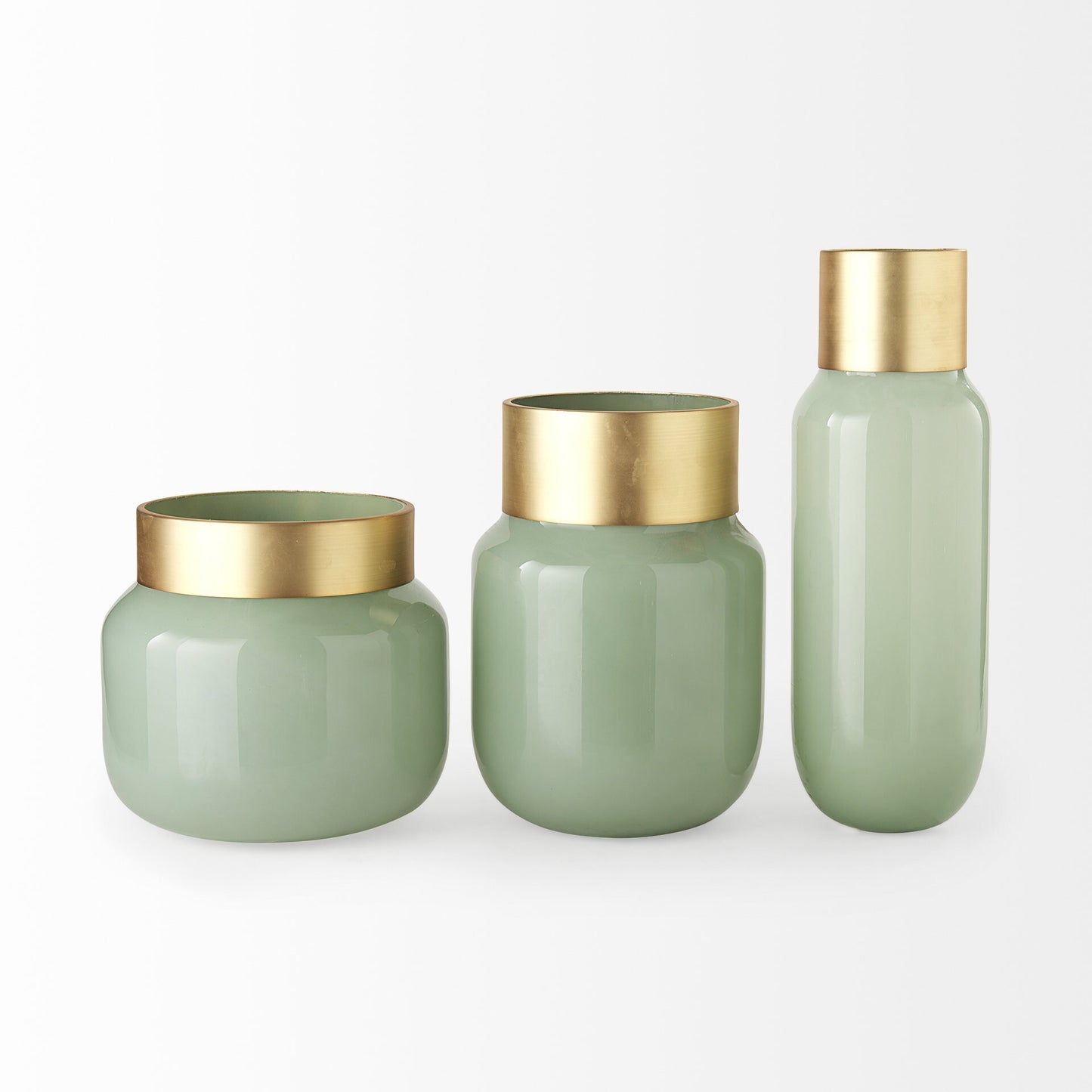 Side view of 17 inch tall narrow cylinder green glass vase with gold rim perfect for single stem flowers and table display