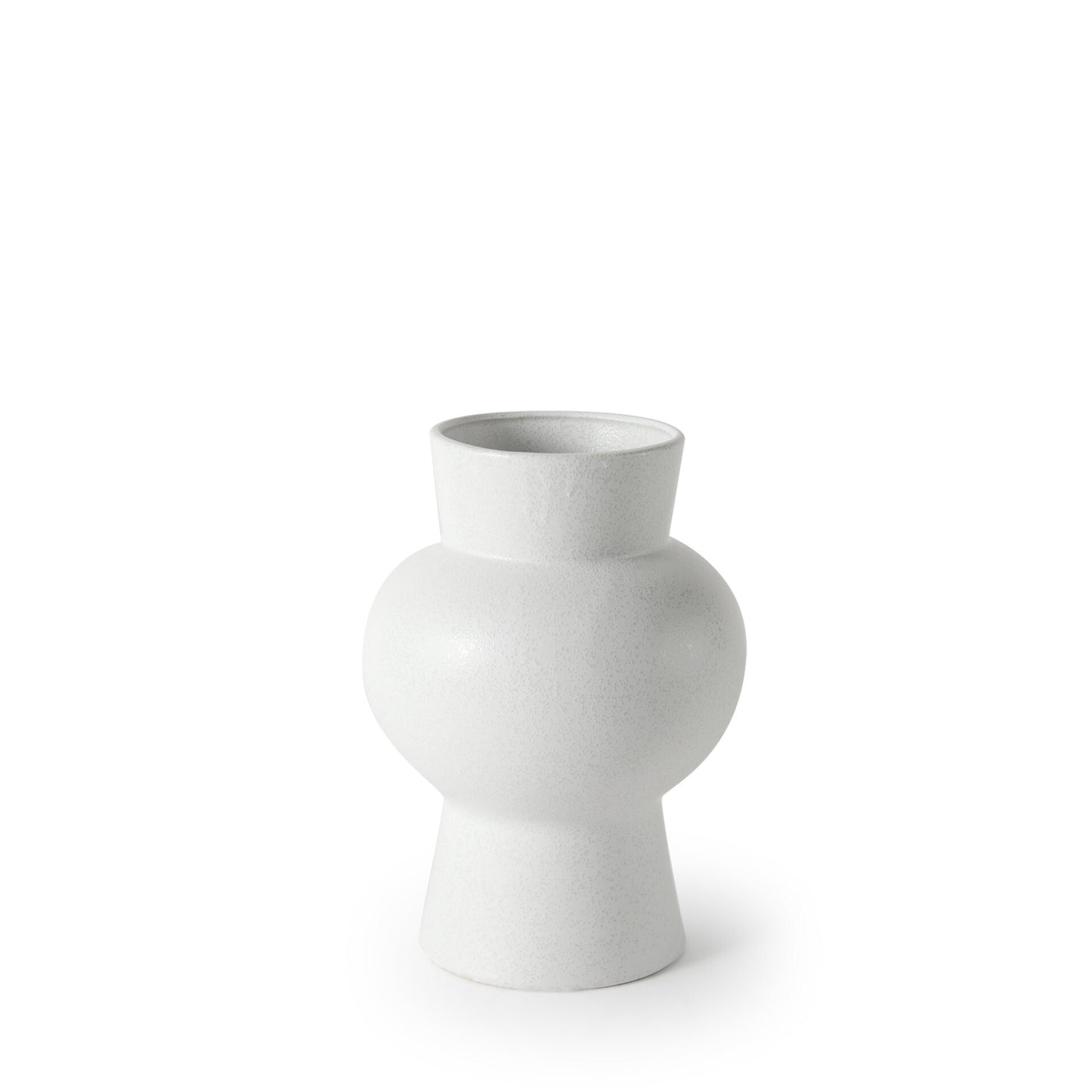 Modern 11-inch white ceramic vase with unique geometric design featuring conical base and circular body, semi-matte finish perfect for contemporary home decor and floral arrangements