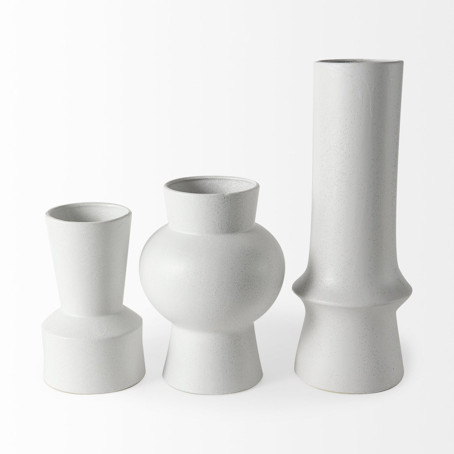 Modern white ceramic vase 17 inch tall side view displaying contemporary Art Deco aesthetic