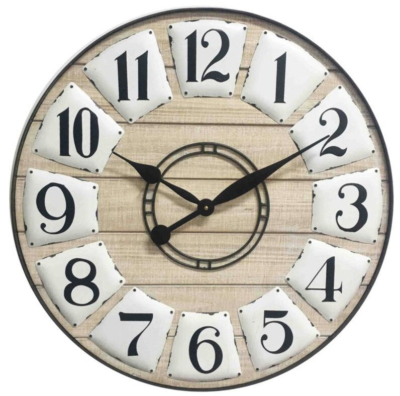 Round wooden wall clock with vintage distressed finish and clear analog display