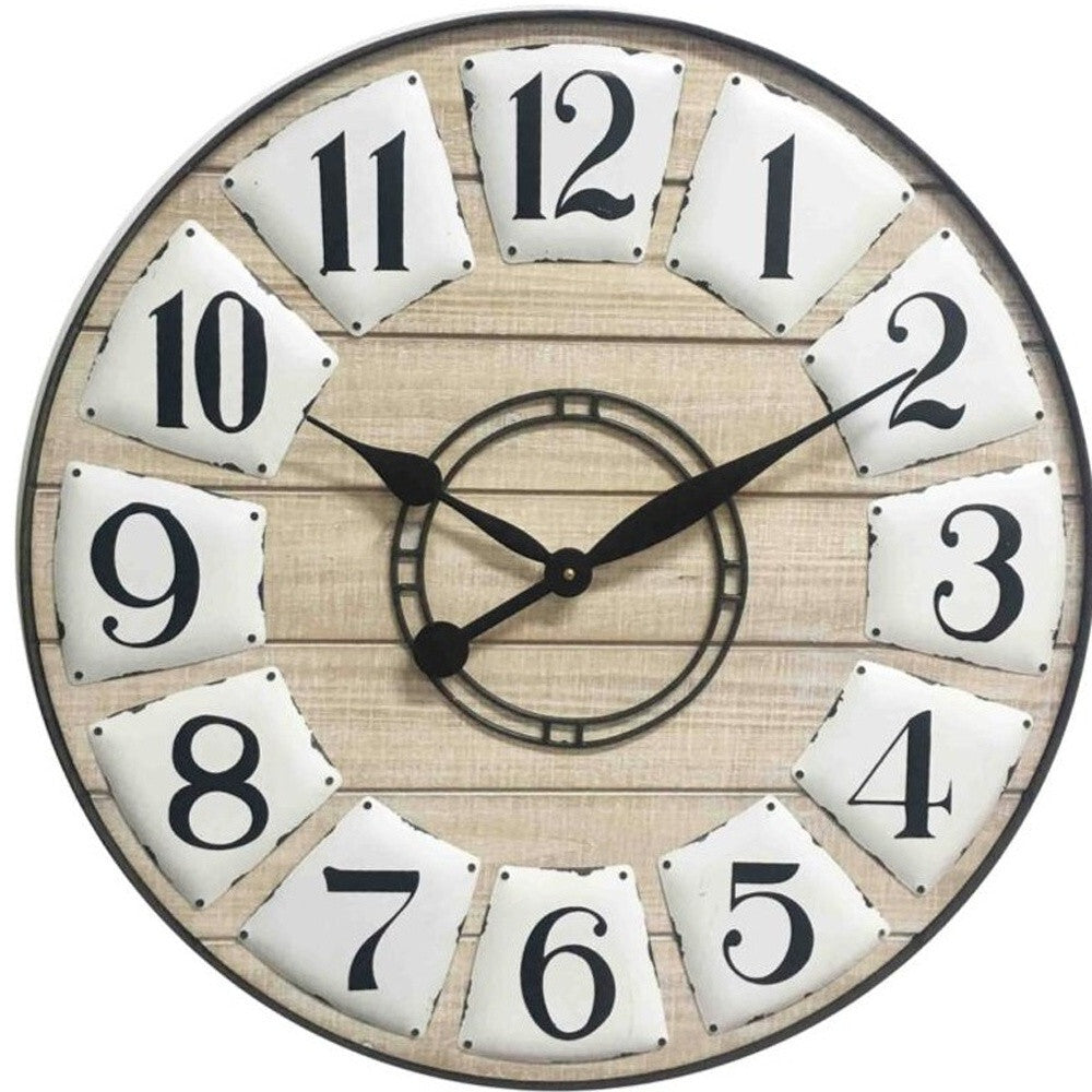 Rustic wooden wall clock showing detailed weathered wood texture and black hands