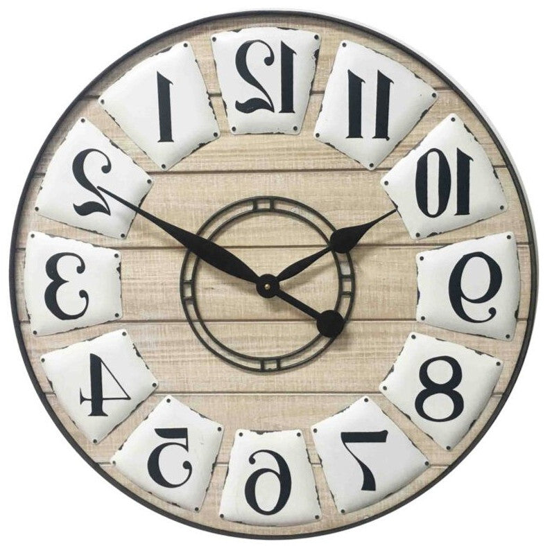 Vintage style wooden wall clock with aged beige finish and Roman numerals