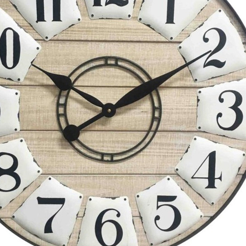 Close-up view of wooden wall clock mechanism and distressed wood grain pattern
