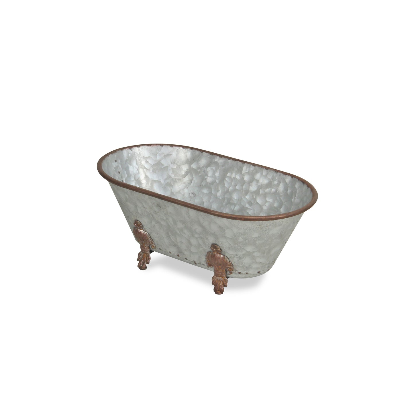 Side view of claw-foot metal bathtub sculpture with intricate bronze feet design, unique whimsical planter for garden decor