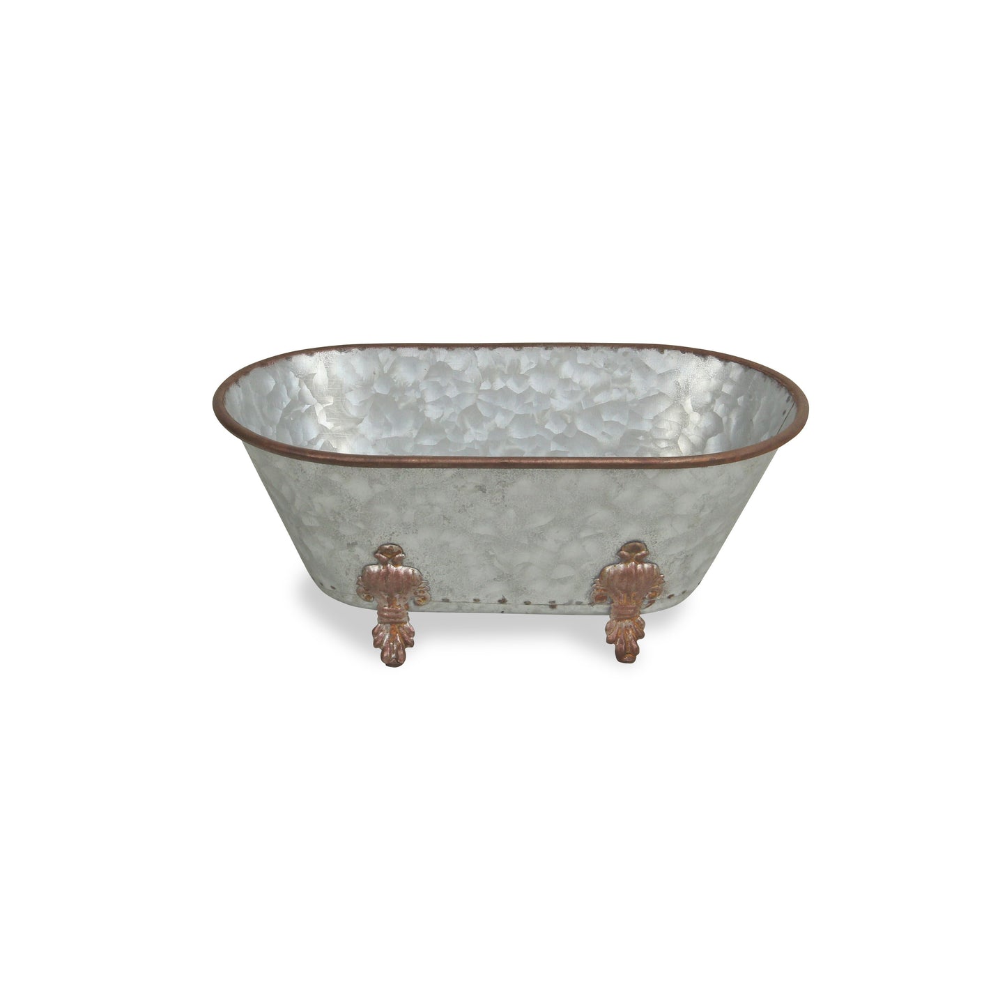 Detail of vintage claw-foot bathtub sculpture showing solid metal construction and contrasting silver bronze finishes, quirky home accent