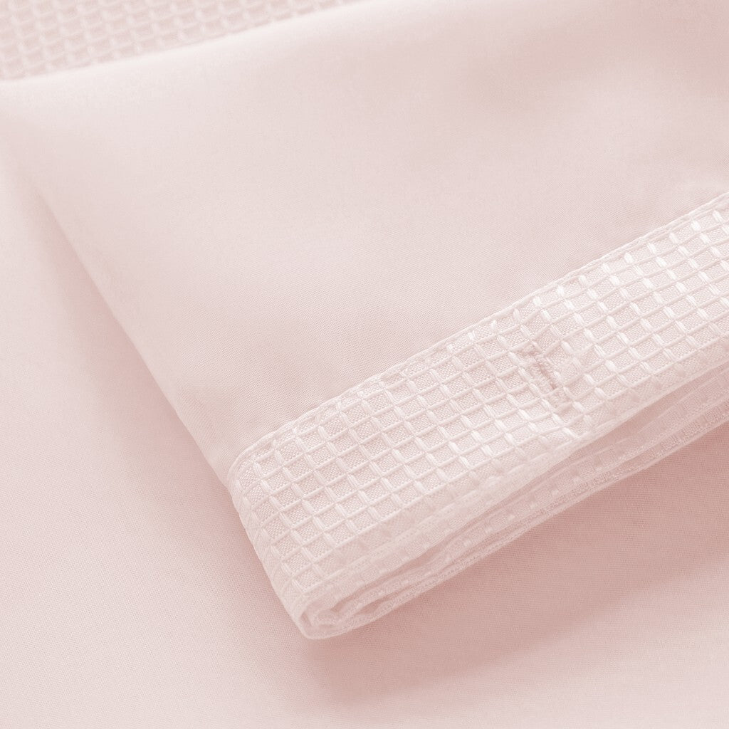 Blush pink shower curtain and liner set packaging showing 70x72 inch dimensions and cotton material