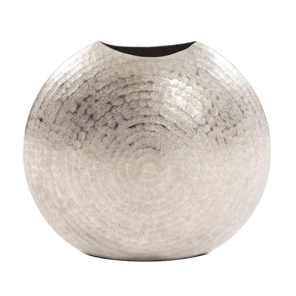 Hammered silver disc vase 10 inch close-up showing textured metallic finish and artisan craftsmanship