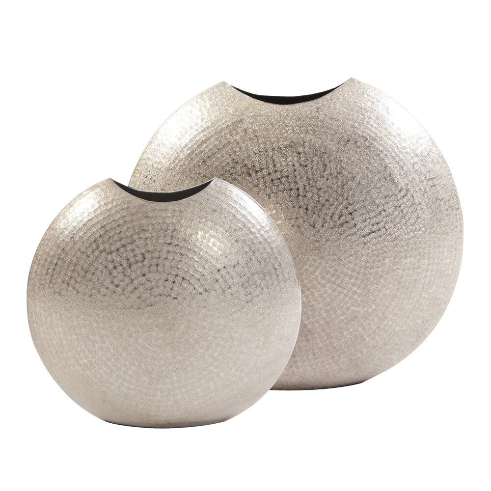 10 inch silver vase disc shape detail shot highlighting hammered texture and light-catching finish