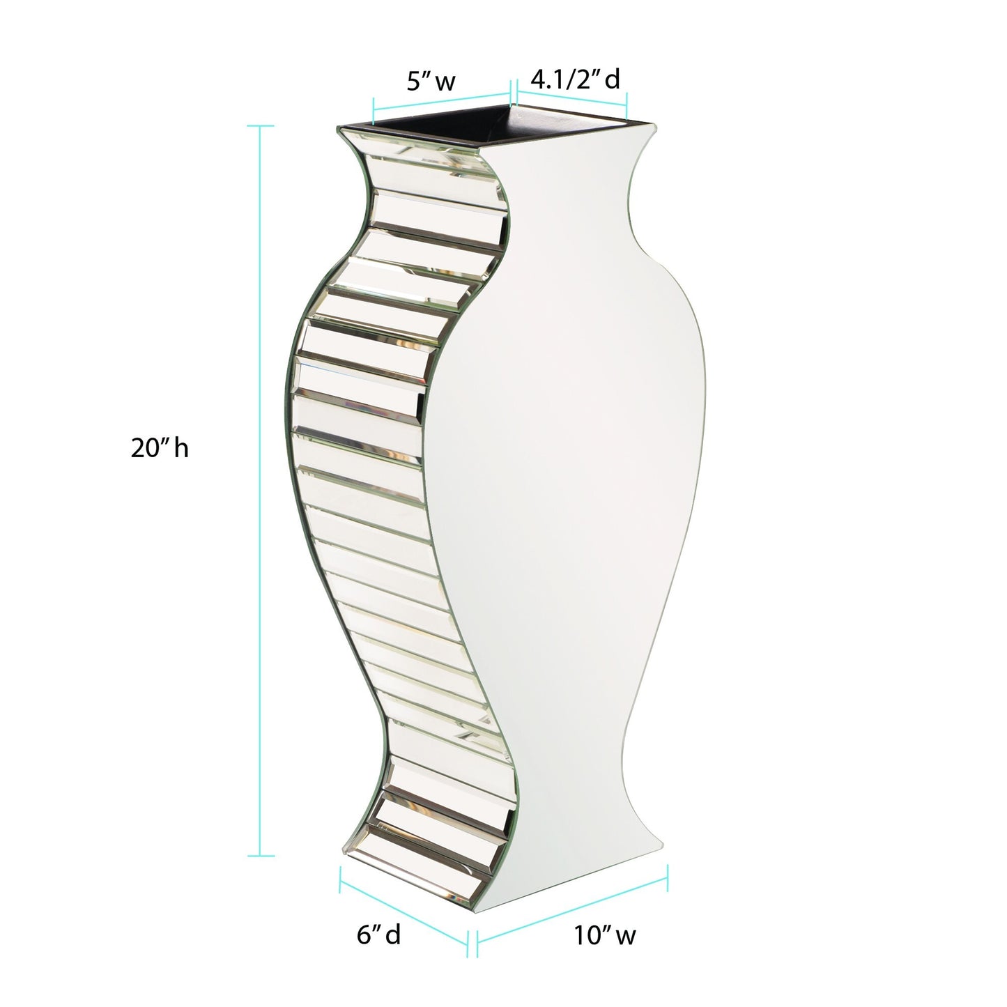 Side view of mirrored panel tall vase showing curvy silhouette and reflective beveled glass inlay for luxury table decor