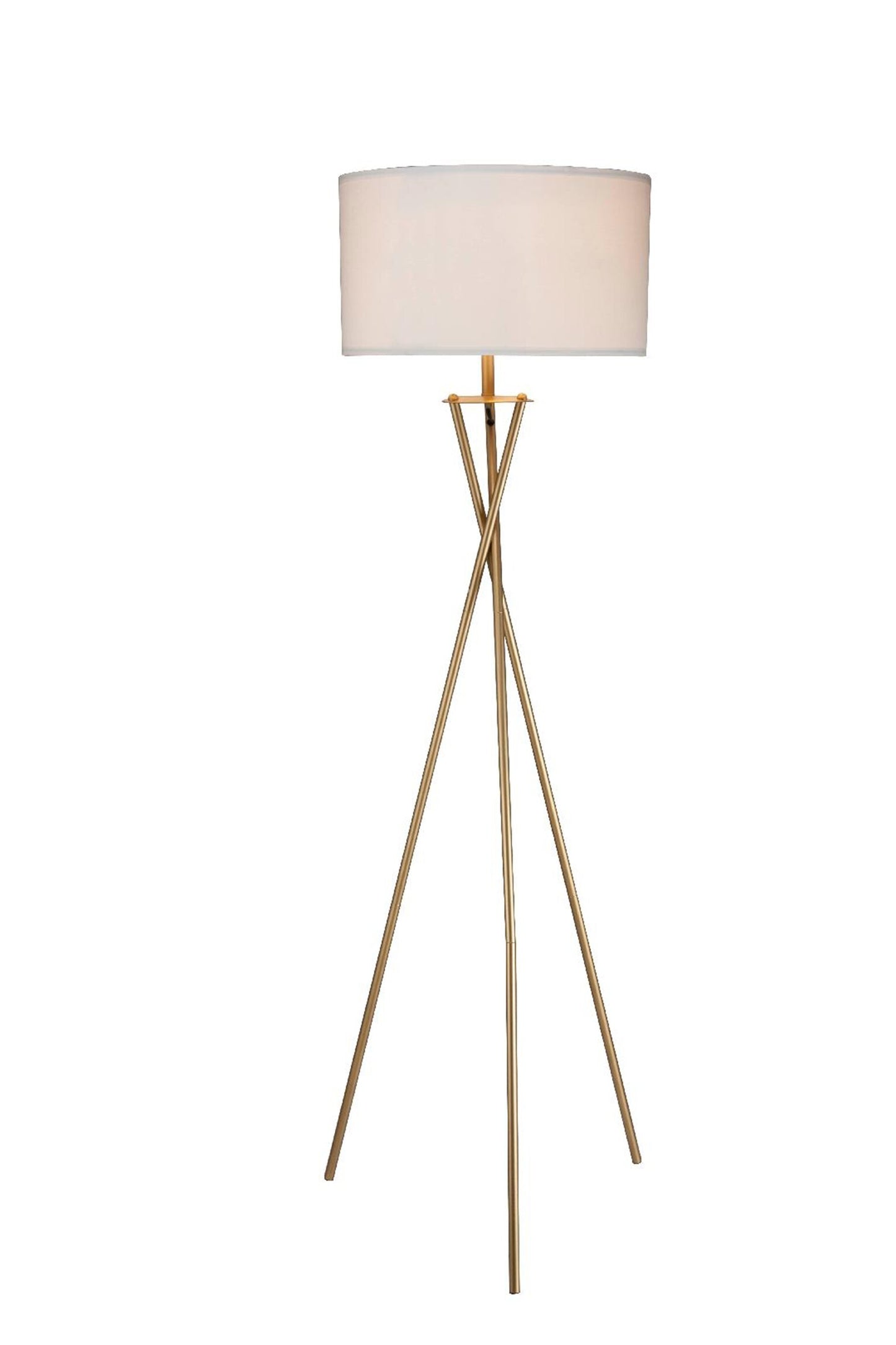 Side view of minimalist gold floor lamp with white drum shade demonstrating sleek contemporary design