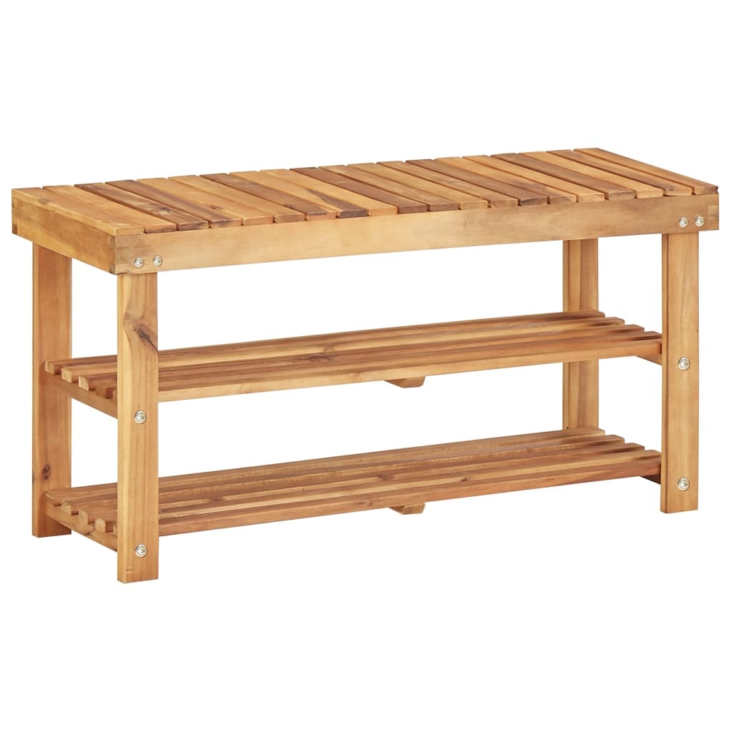 Medium solid acacia wood shoe rack natural entryway organizer in home setting