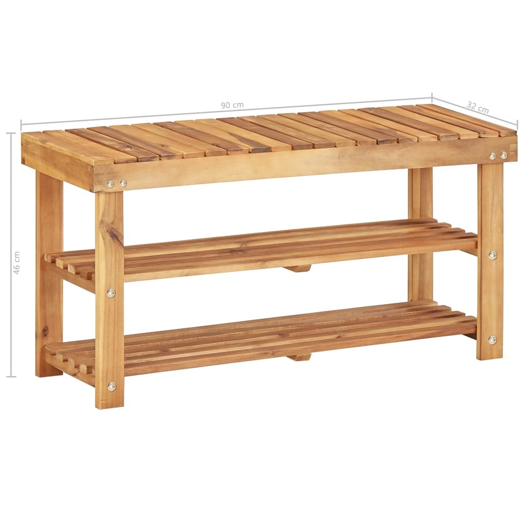 Detail view of acacia wood shoe rack showing dimensions and assembly construction