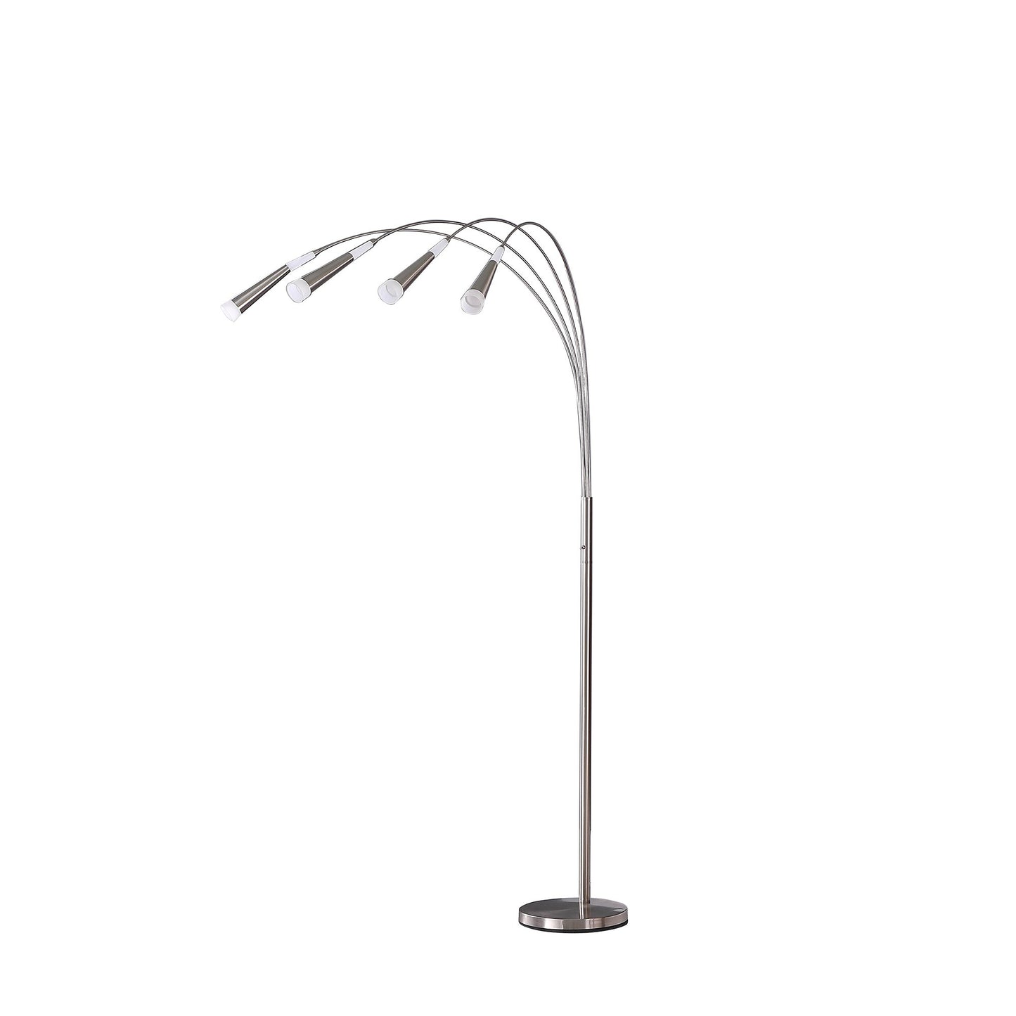 Close-up of four LED light heads on nickel arc floor lamp showing adjustable positioning and sleek contemporary design