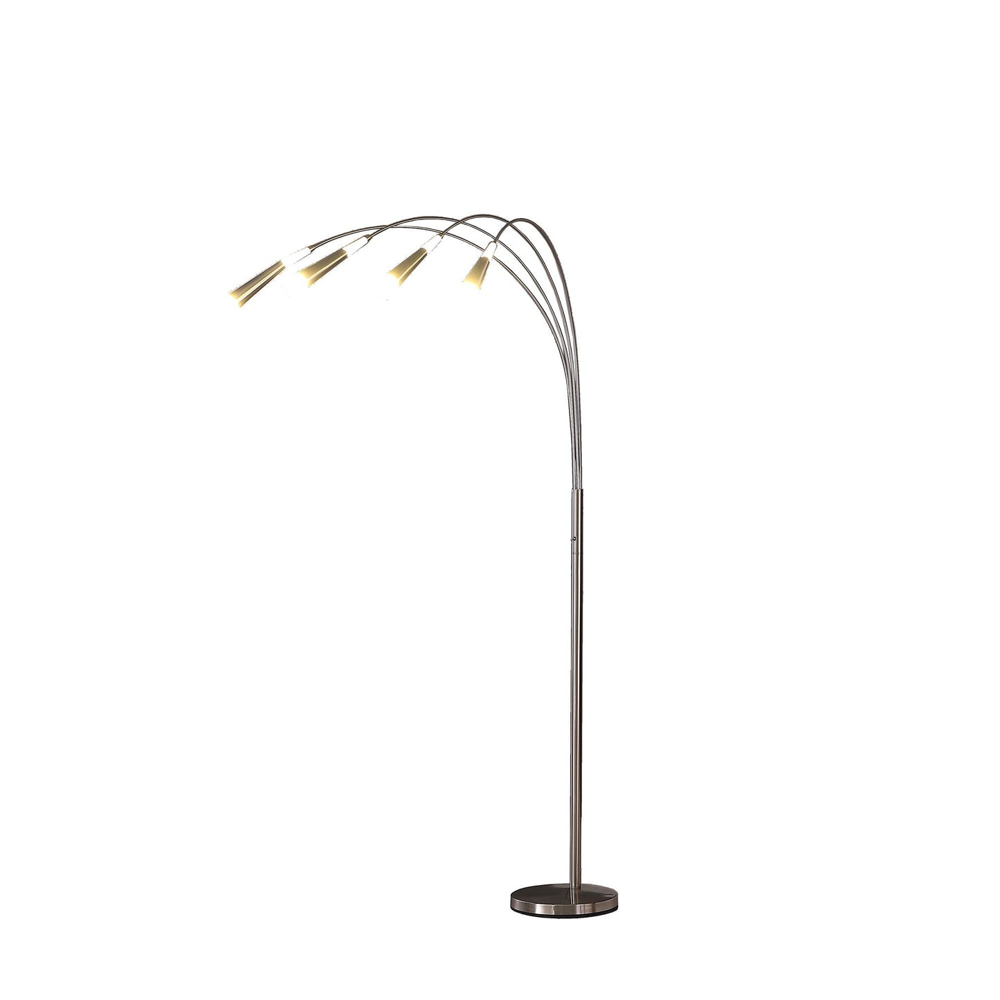 Full room view showing 72-inch nickel arc floor lamp illuminating modern living room with four LED lights creating ambient lighting
