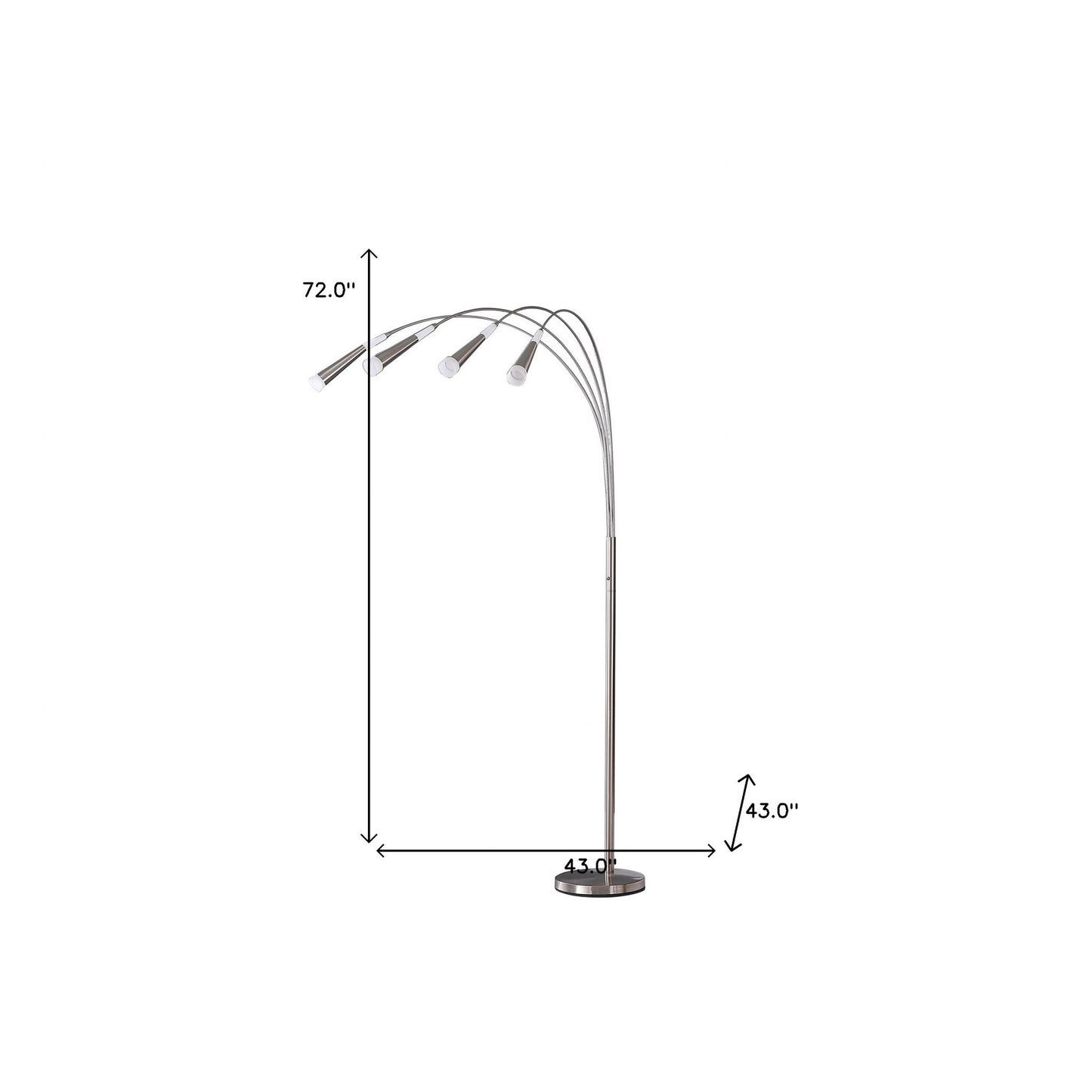 Overhead angle of four-light LED arc floor lamp with nickel finish showing dramatic reach and modern sculptural design