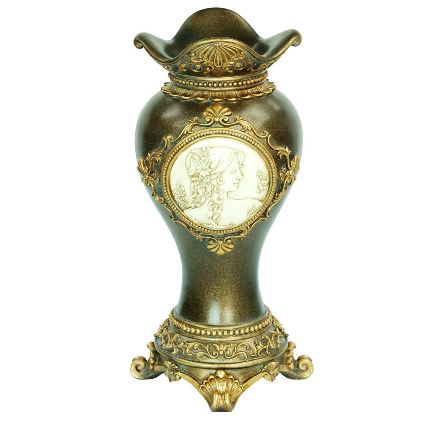 16 inch bronze polyresin urn vase with luxurious gold leaf accents, traditional centerpiece