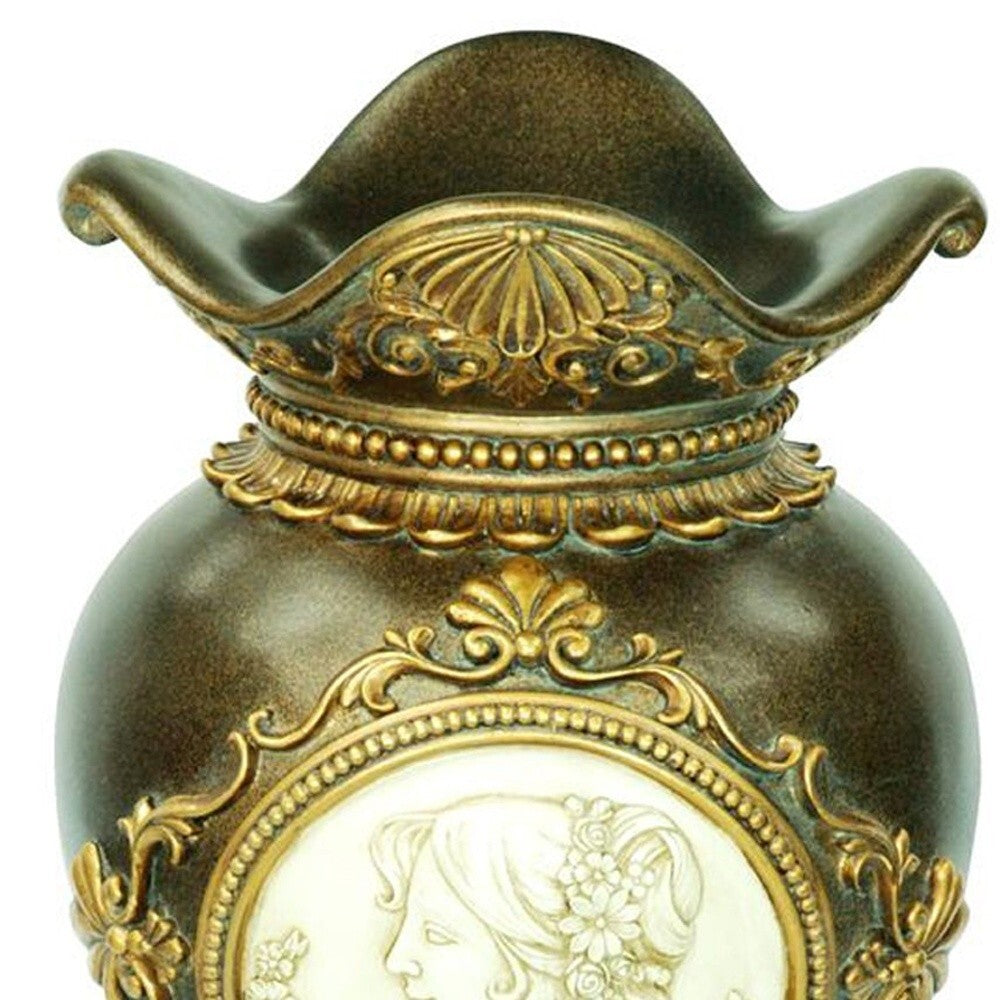 Elegant bronze urn vase showing gold leaf embellishments, 16 inch classic table decoration