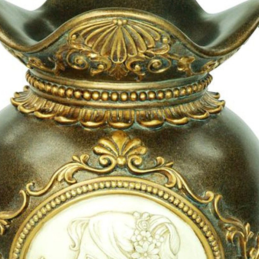 Traditional bronze and gold leaf urn vase side view, 16 inch formal home decor statement piece
